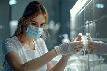Sharp Picture of Woman in Protective Mask Washing Hands with Hand Sanitizer
