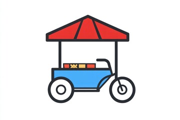 A colorful food cart with a red canopy and blue base perfect for street vendor or market scene