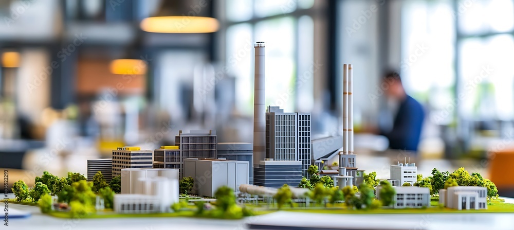 Poster a scale model of a textile mill placed on a table in a construction company office with a soft focus