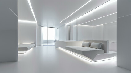 Fototapeta premium A high-end minimalist interior with a futuristic aesthetic, featuring smooth white surfaces, built-in LED lighting, and minimal furniture with sharp geometric lines. The sleek and uncluttered design.
