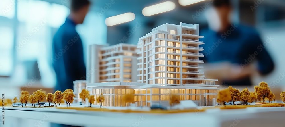 Poster a scale model of a textile mill placed on a table in a construction company office with a soft focus