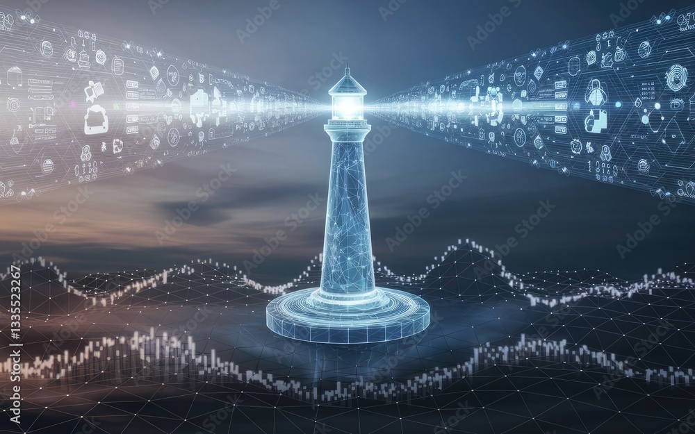 Poster digital beacon of light: a futuristic lighthouse constructed from digital lines and illuminating the