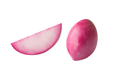 Realistic 3D Render of Whole and Sliced Pink Radish Isolated on White Background