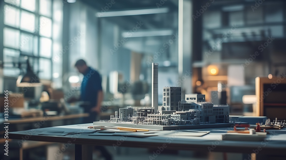 Aufkleber a textile factory model positioned on a table in a construction company office with a hazy backgroun