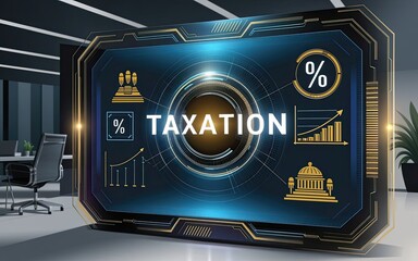Taxation Concept: A digital screen displays the word "Taxation" surrounded by financial indicators, graphs, and government building icons, suggesting an in-depth exploration of fiscal matters.