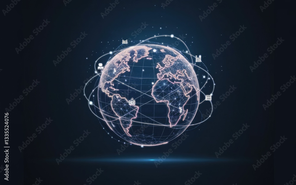 Poster global network: a digital rendering of earth is enshrouded in a web of interconnected lines and node