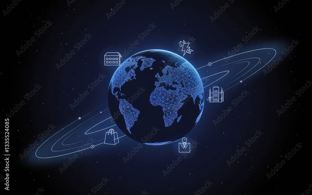 Poster global connectivity: a digital representation of planet earth surrounded by orbiting icons symbolizi