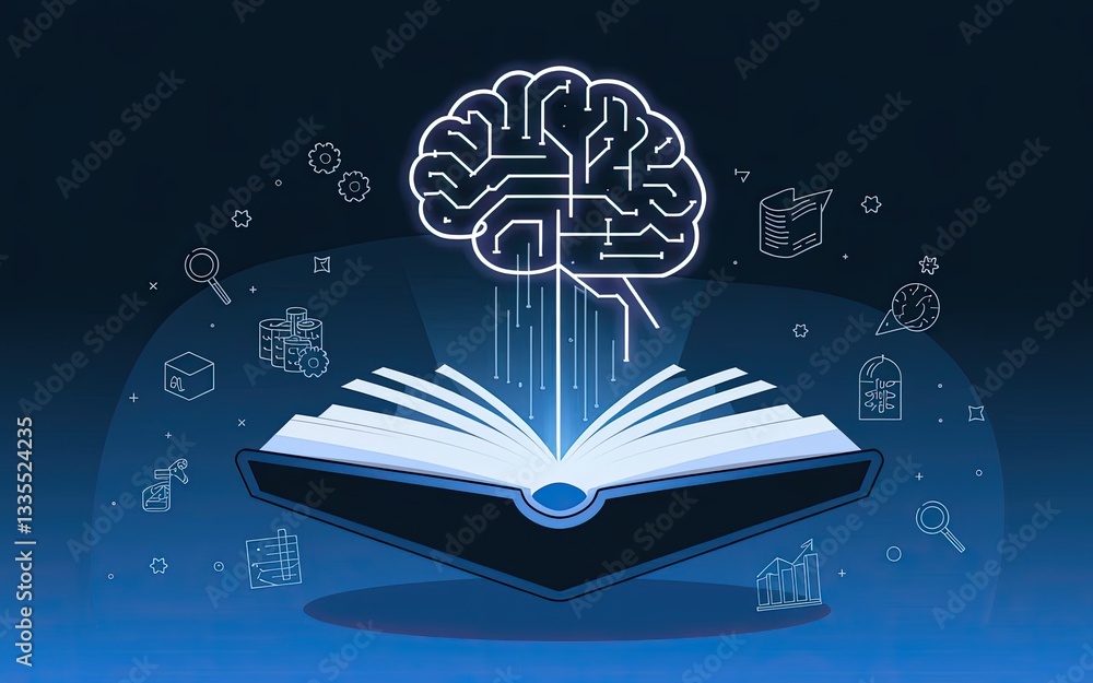 Aufkleber knowledge unveiled: a digital brain emanates from the open pages of a symbolic book, representing th