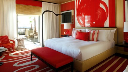 Boutique hotel room with a comfortable bed, trendy decor, and sophisticated styling.