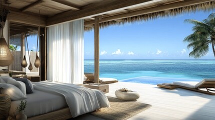 Obraz premium Chic coastal bedroom with an inviting atmosphere, wooden elements, and a peaceful sea view.