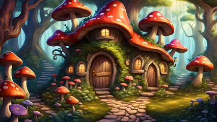 Fototapeta premium A whimsical illustration depicts a charming house nestled within giant mushrooms, surrounded lush greenery a stone path a fairytale forest.