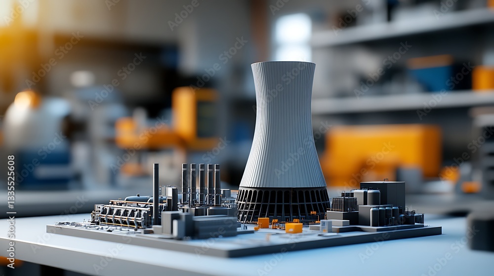 Poster intricate thermal power plant model displayed in a construction company office on a table with a fuz