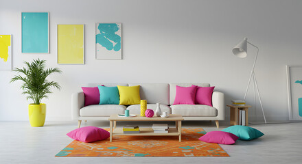 Cheerful Living Room with Pops of Color and Comfort