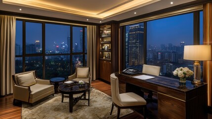 Naklejka premium Corporate-friendly hotel suite with a refined work desk, modern furniture, and a city skyline view.
