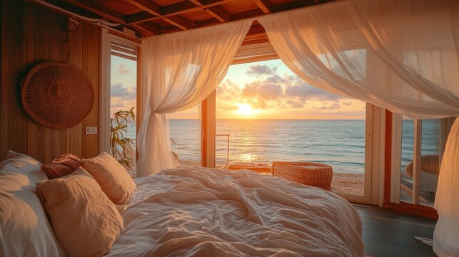 Cozy beachfront bed setup with flowing white drapes, tropical decor, and sunset reflections.