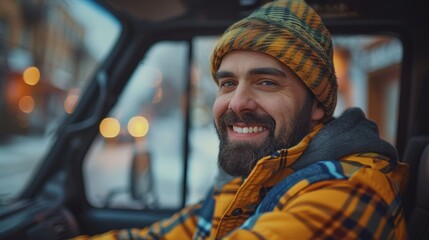 Smiling Young Bearded Man In Beanie Hat Sitting In His Car And Looking Happily At Camera