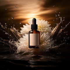 Amber glass dropper bottle with blank label floating among white flowers and water splashes against a golden sunset background. Product mockup for skincare, cosmetics, and essential oils branding.