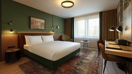 Cozy hotel business suite with a professional workspace, comfortable bed, and stylish decor.