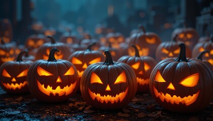 Fototapeta premium Illuminated Jack-o'-lanterns Glowing in the Night for a Halloween Celebration