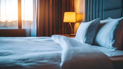 Cozy, warm-lit hotel bed setup with a welcoming feel and sophisticated ambiance.