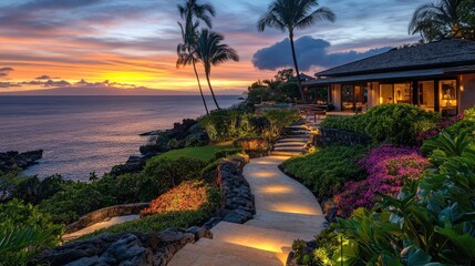 Elegant beach resort garden with lush tropical flowers, soft-lit pathways, and a sunset glow.