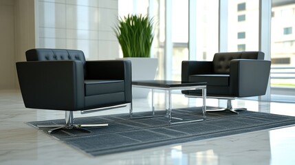 Elegant business-class lounge in a corporate hotel with modern furniture and a quiet ambiance.