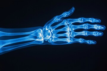 Close up x ray of a hand on black background, highlighting bone anatomy in blue for radiology study