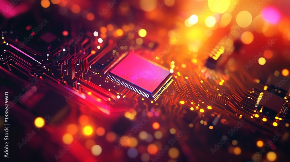Poster abstract technology background red orange circuit board digital microchip technology innovation elec