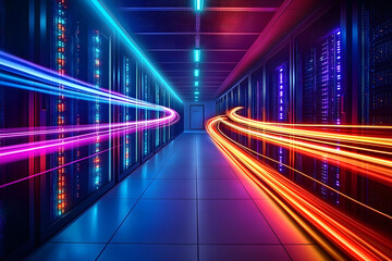 Data Stream in Server Room: Vibrant streaks of light, representing data flow, surge through a modern server room, highlighting the power and speed of digital technology.