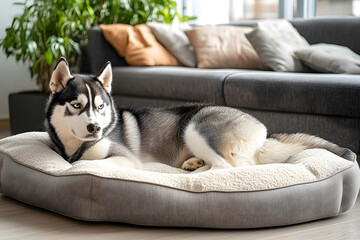 Fototapeta premium Cute Husky dog lying on pet bed in living room