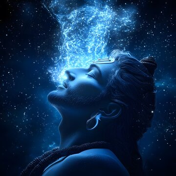 A surreal 3D depiction of Lord Shiva drinking the poison from Samudra Manthan, his throat glowing blue with divine energy.