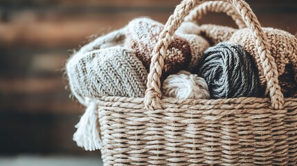 Cozy Winter Basket of Knitted Goods and Yarn