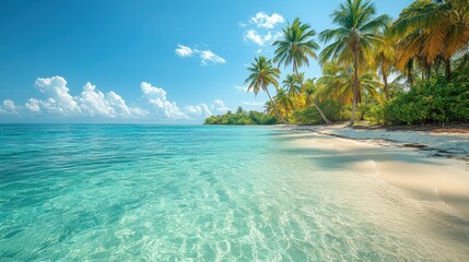 Tropical beach paradise, turquoise water, palm trees, sunny sky. Use travel brochures, vacation ads