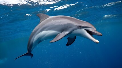 Playful Dolphin Swimming Underwater in Blue Ocean Waters