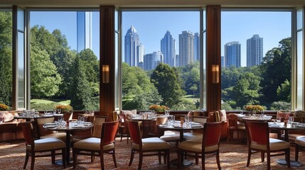 Exclusive hotel lounge area with floor-to-ceiling windows, elegant seating, and city skyline views.