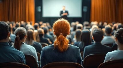 Rear view of people in audience at the conference hall, Speaker giving a talk in conference hall at business event.