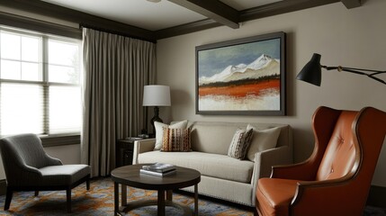 Executive hotel suite with a cozy living space, contemporary art, and a private work area.