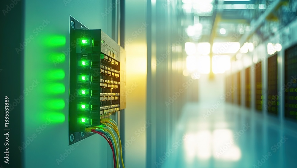 Poster exploring green led lights indicate server room network activity & status