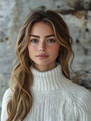 an atractive Woman teacher whearing a white sweater, half body, white background 