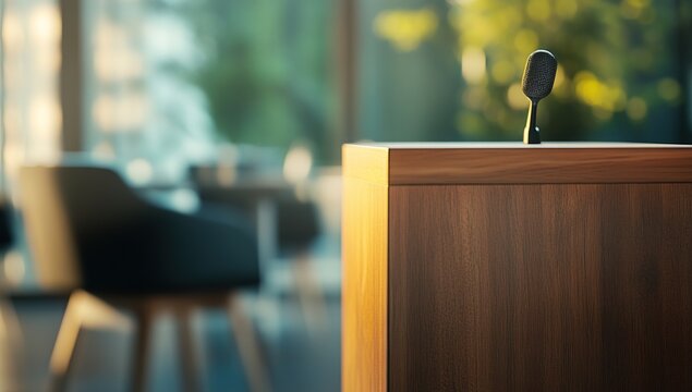 Wooden Podium with Microphone Awaits Speaker for Presentation, Conference, or Meeting