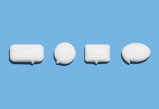 3D glossy empty white speech bubbles various shapes vector set. Render circle, roundish square and rectangle message text bubble volume form. Dialogue cloud 3d talking window, chatting box