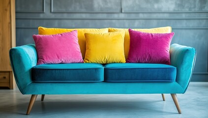 Vibrant Teal Velvet Sofa Decorated with Yellow and Pink Pillows in a Modern Living Room