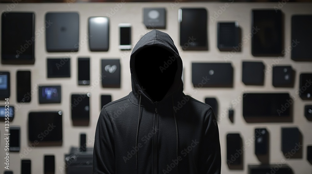 Poster anonymous hacker dark hooded figure mysterious digital technology screen wall background cybersecuri