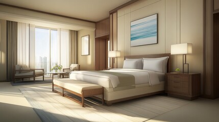 Hotel bedroom with a neatly arranged bed, stylish nightstands, and a cozy ambiance.