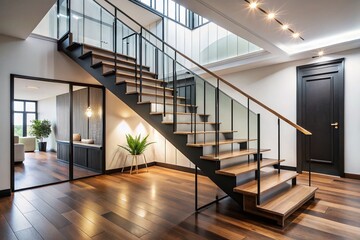 Obraz premium Vintage Style Photo: Modern Minimalist Black Staircase with Glass Railing
