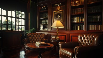 Hotel cigar lounge with warm wooden interiors, leather seating, and premium cigar selections.