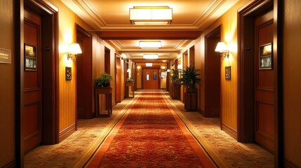 Hotel evening ambiance with elegant hallway lighting, plush carpets, and stylish door signs.