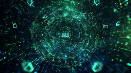 Fototapeta premium Abstract Digital Tunnel Green Technology Background Futuristic Data Stream Network Cyberspace Virtual Reality Interface Design Modern Graphic 