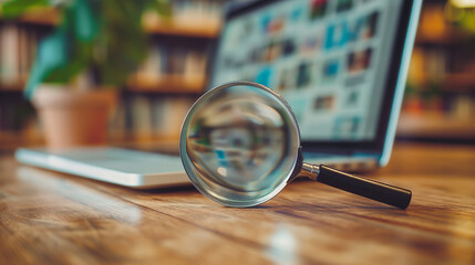 Magnifying glass in front of a laptop screen on wooden desk, symbolizing search, research, investigation, and technology for business, education, and digital analysis.