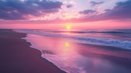 Fototapeta premium Coastal Sunrise, Pink Hues, Gentle Waves, Calm Beach